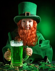 A red haired long haired girl on a green background holds a three-leaved tree in her hands....