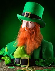 A red haired long haired girl on a green background holds a three-leaved tree in her hands....