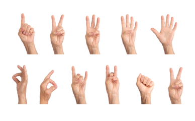 Caucasian elderly hand showing gestures like peace, rock horn, clenched fist, and counting numbers 1 to 5, wrinkled skin, diverse expressions. Isolated on white background.