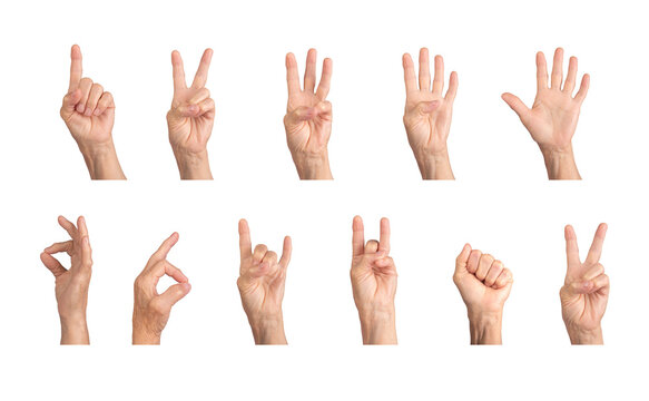 Caucasian elderly hand showing gestures like peace, rock horn, clenched fist, and counting numbers 1 to 5, wrinkled skin, diverse expressions. Isolated on white background.