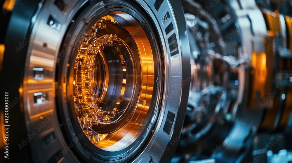 Poster a close-up view of a machine's lens showing details of the optics and mechanical components