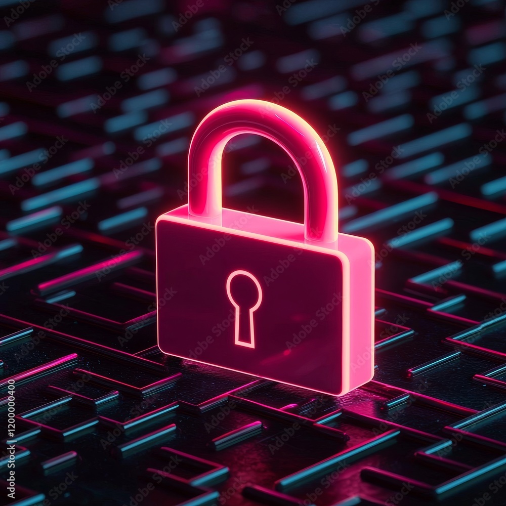 Poster a glowing digital padlock representing cybersecurity and data protection in a futuristic environment