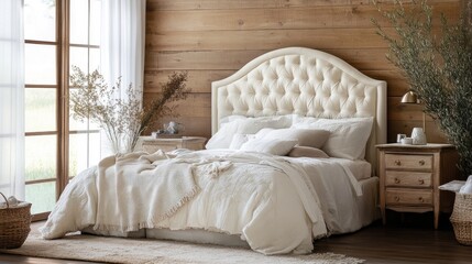 Fototapeta premium A lavish and airy bedroom featuring a beautiful tufted headboard, luxe linens, and a tranquil ambiance.