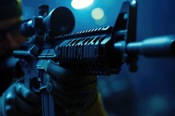 Naklejka premium A person holds a rifle in a dimly lit space, ready for action
