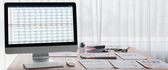 Accounting software on computer screen showing financial statement spreadsheets and account balance...