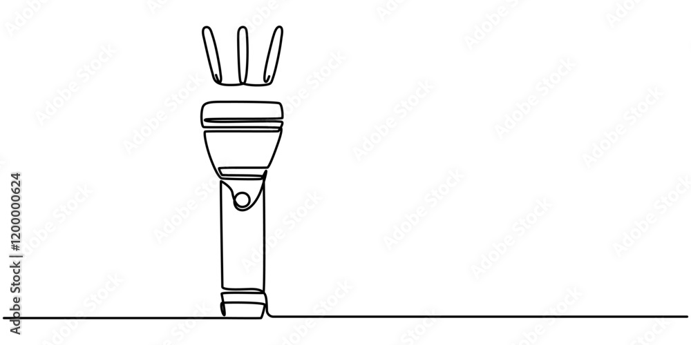 Poster One continuous line drawing of flashlight poster vector illustration. Pro vector, flashlight drawing one continuous line vector, One line drawing of flashlight. Equipment for camping minimalist design
