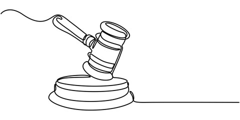 Gavel Continuous Line Icon, Judge hammer one continuous single line art drawing, One continuous single line of judge hammer isolated on white background, Judge's gavel continuous one line drawing. 