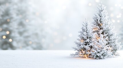 Two snow-covered Christmas trees with warm lights on a snowy ground, bokeh background.