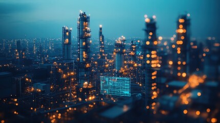 Fototapeta premium Industrial Cityscape at Dusk with Glowing Lights and Smokestacks