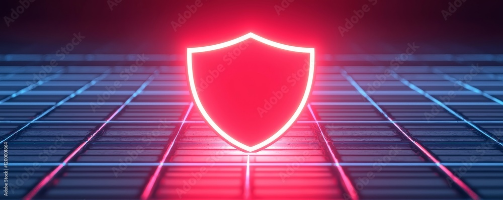 Poster a glowing shield symbol representing cybersecurity in a futuristic digital environment.