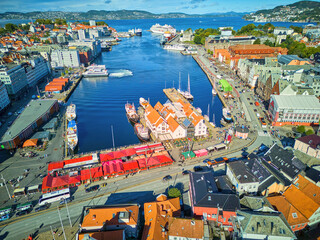 Aerial view of Bergen harbour and historic Bryggen area, Norway