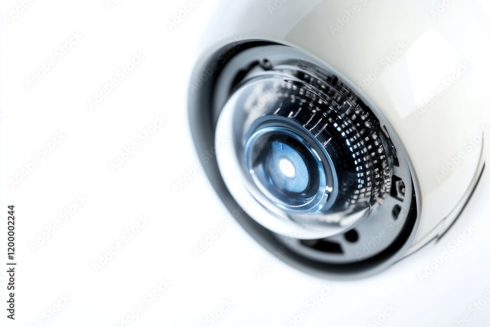 Poster a close-up shot of a camera lens on a white surface, ideal for use in product photography or as an a