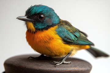 Obraz premium Vibrant yellow, teal bird perched on dark surface.