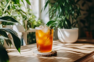 Refreshing orange cocktail with ice cubes and mint in a glass on the windowsill