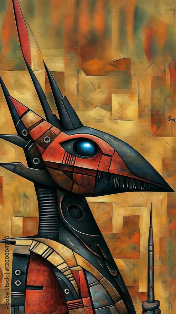 Poster colorful abstract bird figure with geometric patterns against a textured background
