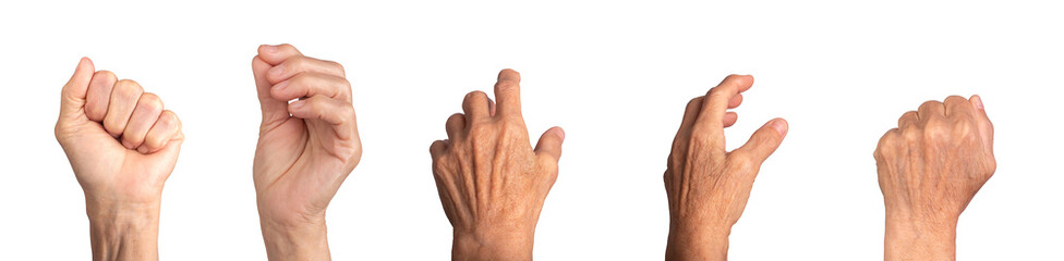 Elderly caucasian female hand reaching with wrinkled skin, palm and fingers in a grasping or...