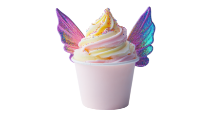 Colorful cupcake with whimsical wings and creamy frosting. transparent background