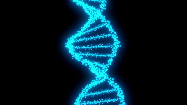 Holographic animation of DNA strands rotating on black screen background.