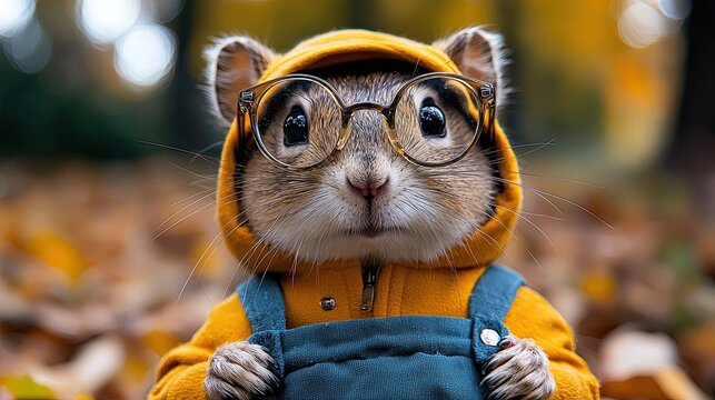 Cute squirrel in glasses and hoodie stands in autumn forest among fallen leaves