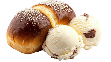 Delicious brioche bread with two scoops of ice cream. transparent background