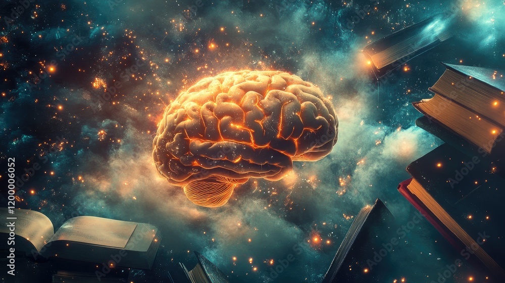 Poster glowing brain surrounded by books in a cosmic setting