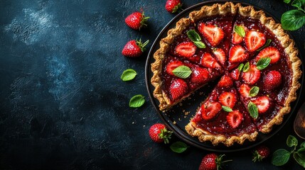 Sliced Strawberry Tart, Dark Background, Food Photography, Recipe.