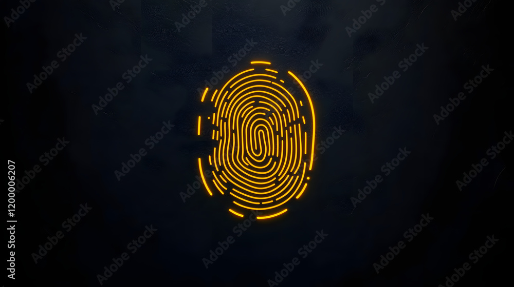 Poster elegant yellow fingerprint icon centered on a black background, sharp lines and minimalist style to 