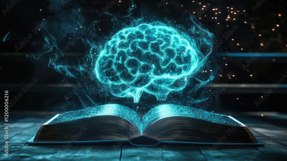 Poster luminous brain emerging from open ancient book