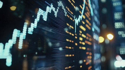 Close-up shot of a stock market board lit up at night, showing various financial data and symbols