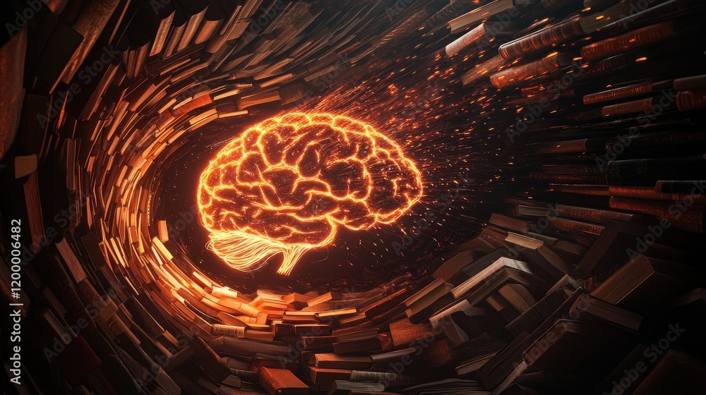 Poster illuminated brain absorbing knowledge from books
