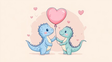 Cute dinosaurs hold heart balloon and share a sweet moment
