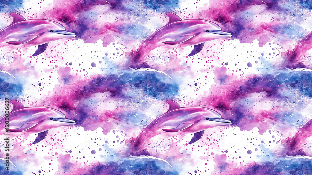 Poster seamless watercolor pattern with playful dolphins surrounded by vibrant pink and blue patterns, idea