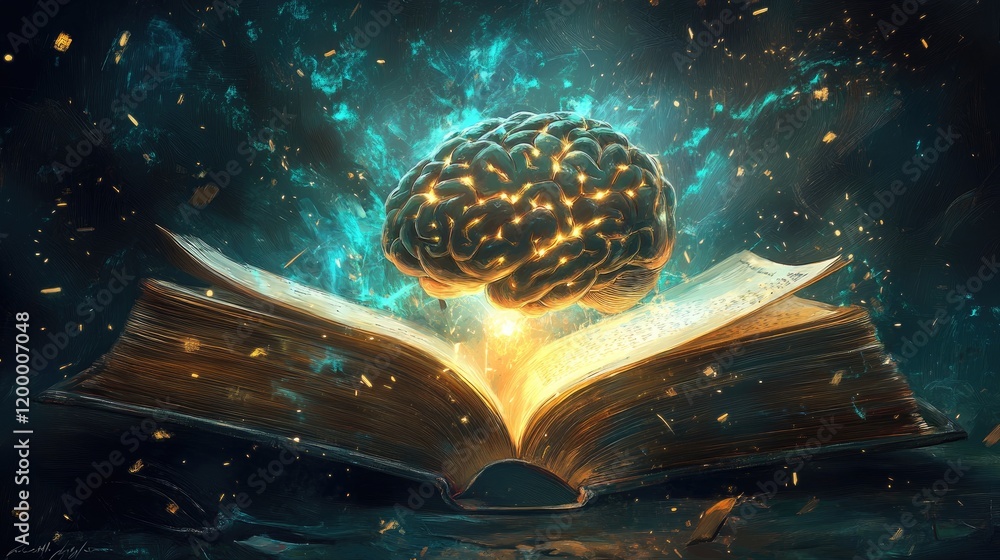Poster glowing brain emerging from open ancient book
