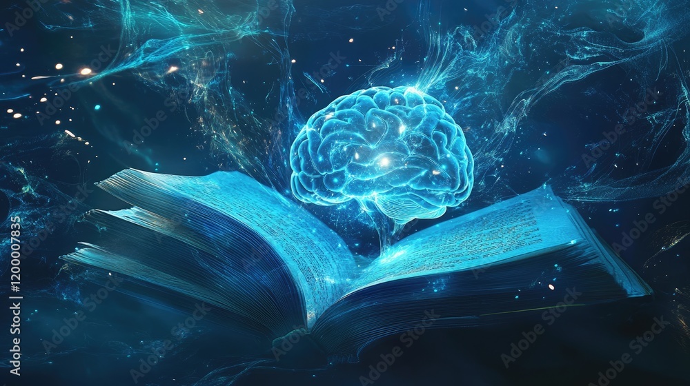 Poster Illuminated Brain Above Open Book Of Knowledge