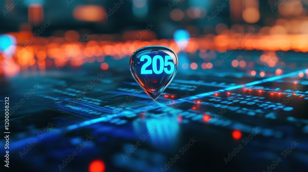 Poster futuristic digital map marker showing code 205.