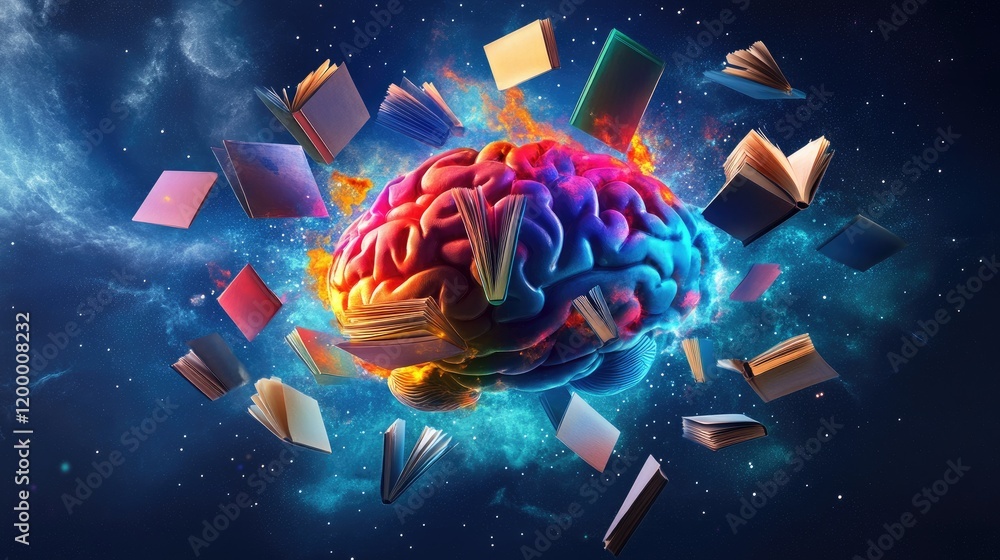 Poster a colorful brain surrounded by floating books