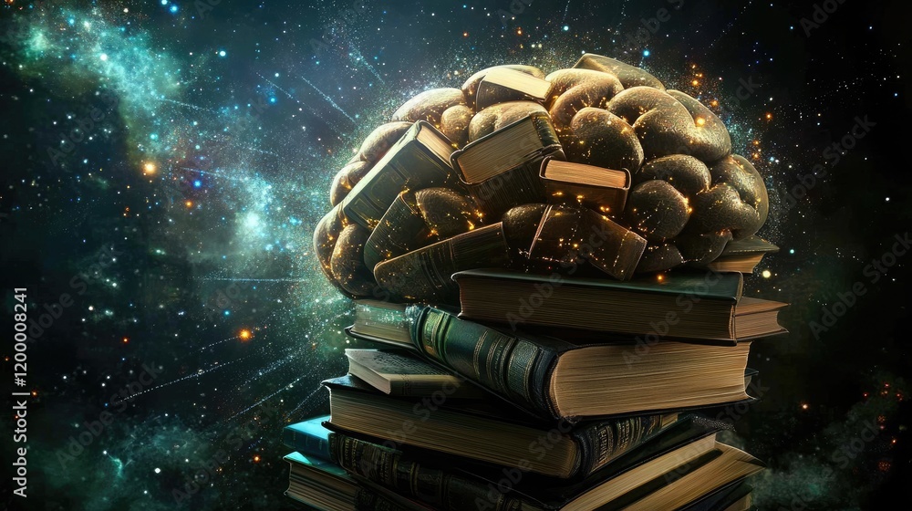 Poster a brain formed from books rests upon a stack of books