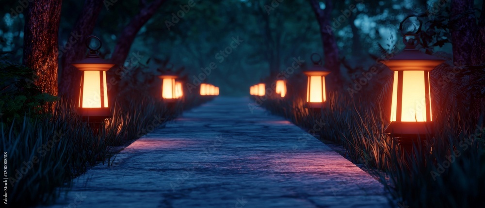 Poster a tranquil path illuminated by soft glowing lanterns at dusk, inviting relaxation and reflection in 