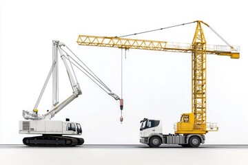 A crane lifting a construction vehicle onto a truck, heavy machinery transportation