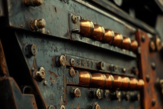 A close-up shot of a metal cabinet with numerous knobs and handles