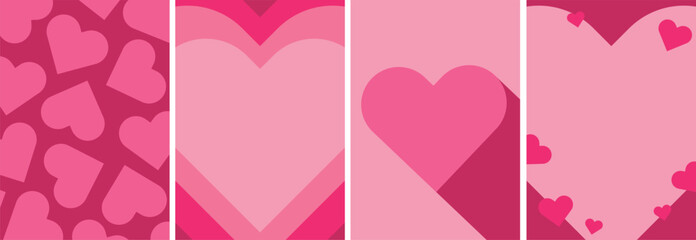 pink backgrounds set with hearts, collection of romantic cards, vector illustration, template for valentine`s day, wedding, greeting cards, poster, flyer,invitation