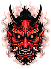 A dramatic image of a Hannya mask engulfed in swirling smoke and vibrant flames, with a sense of intensity and power.