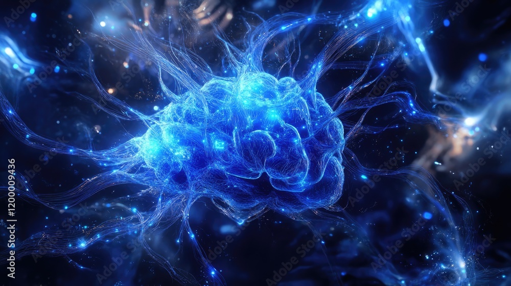 Poster glowing blue brain neural network abstract art