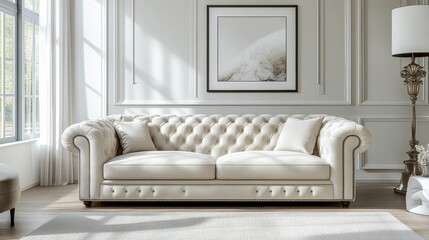 Elegant White Chesterfield Sofa in Bright, Modern Living Room