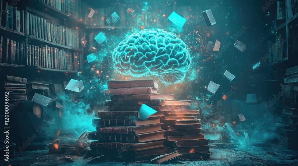 Poster glowing brain above stacked ancient books in library