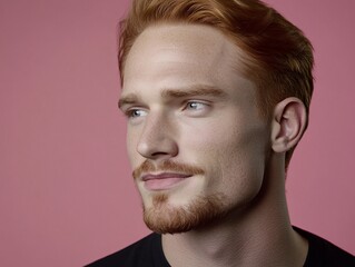 Obraz premium Studio Portrait Redhead Man Freckles Pink Background