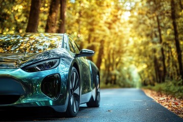 A vehicle traveling on a forest path, suitable for outdoor and adventure themed projects