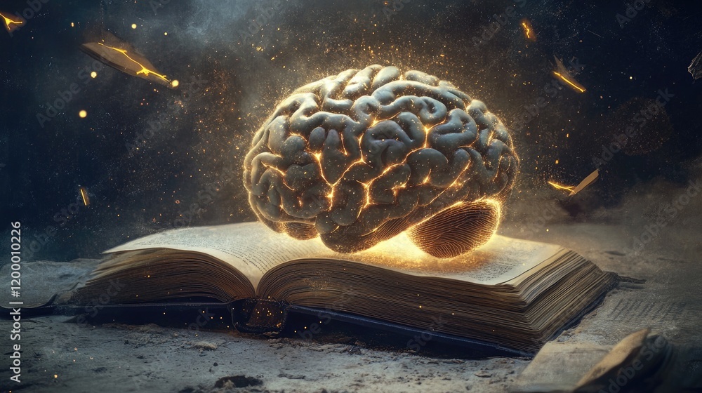Poster glowing brain rests upon ancient open book