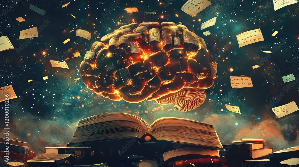 Poster a glowing brain surrounded by books and notes
