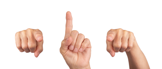 Elderly female hand pointing with forefinger, expressive gesture indicating direction, choice, or selection, wrinkled skin and mature appearance. Isolated on white background.